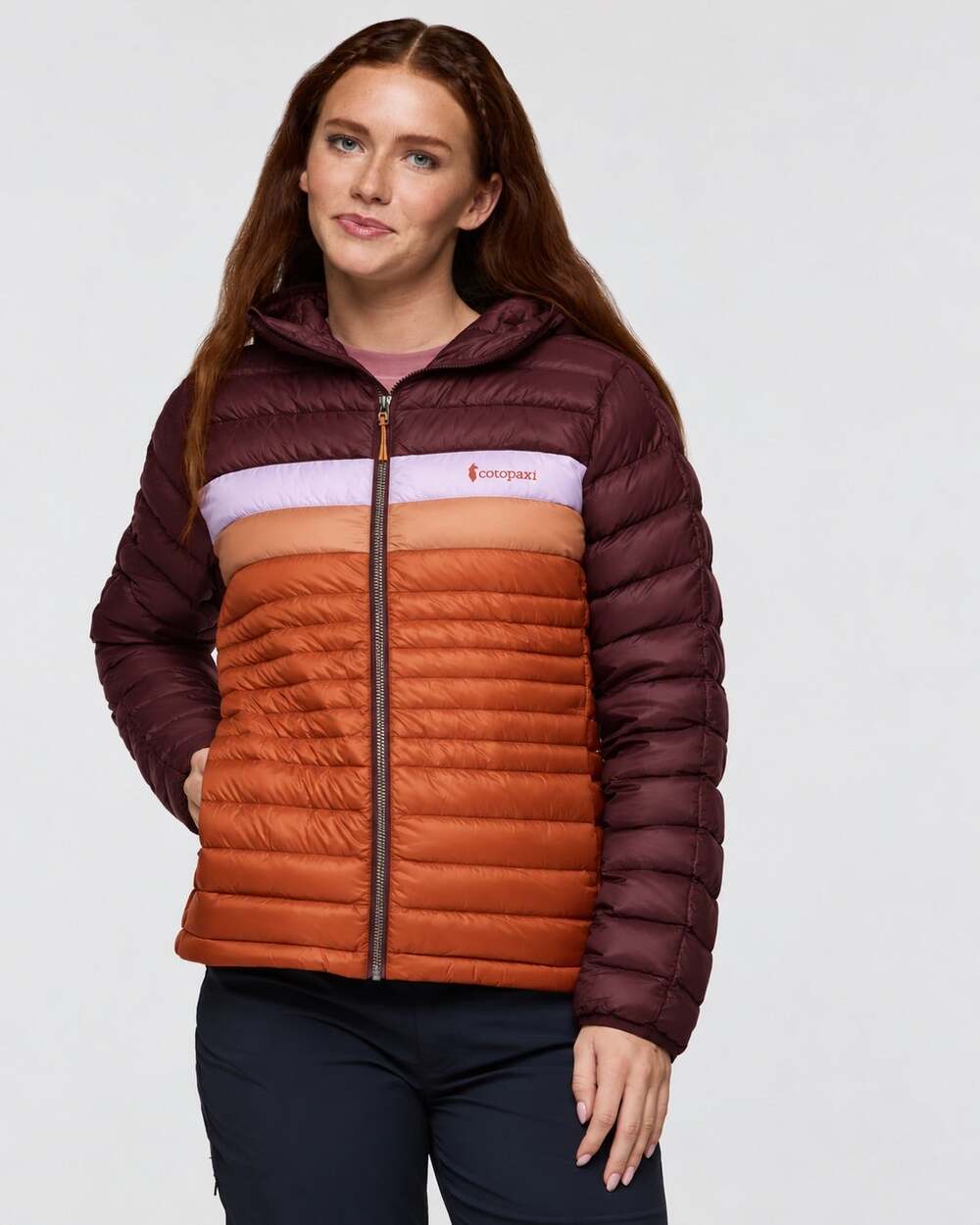 Cotopaxi Fuego Down Jacket Women’s Small Chestnut Stripes Colorblock Puffer